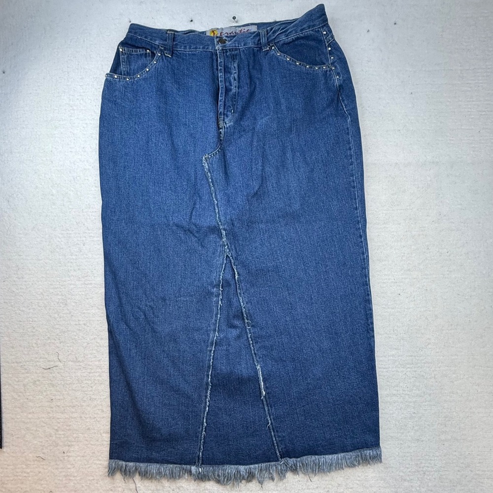Vtg Frantic Jean Denim Maxi Skirt Studded Fringed Hem Size 16 90s Y2K long